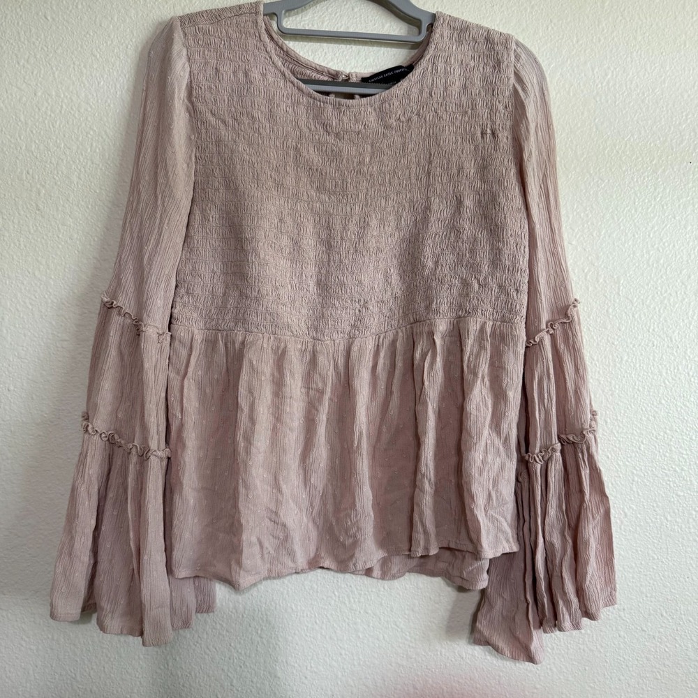 American Eagle Outfitters Blouse Womens Small Pink Long Sleeves Bell Smocked